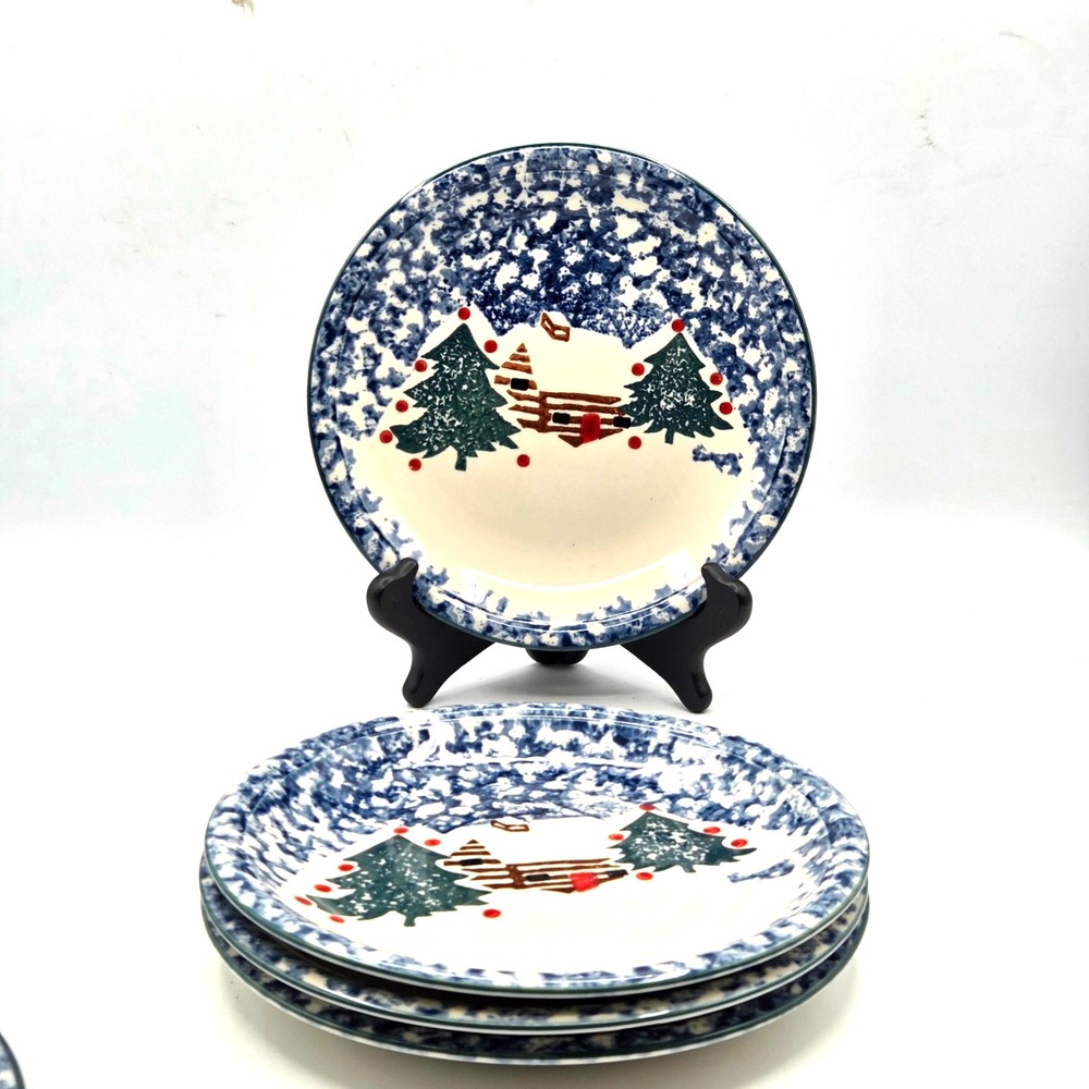 Set of 4 Folkcraft Cabin In Snow Salad or Bread Plates Christmas Winter